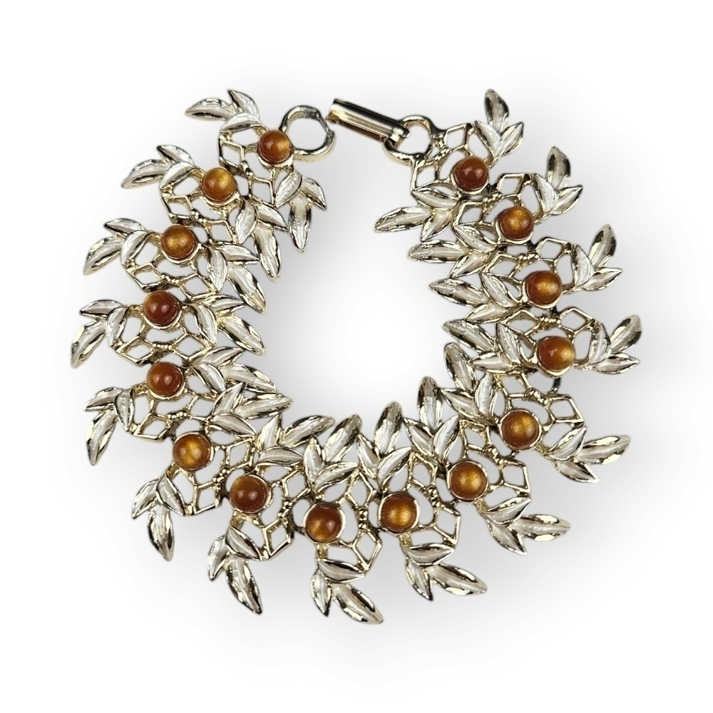 Vintage Judy Lee Leaf Bracelet Enamel Link Chain Moonglow Lucite Gold Plated 7"